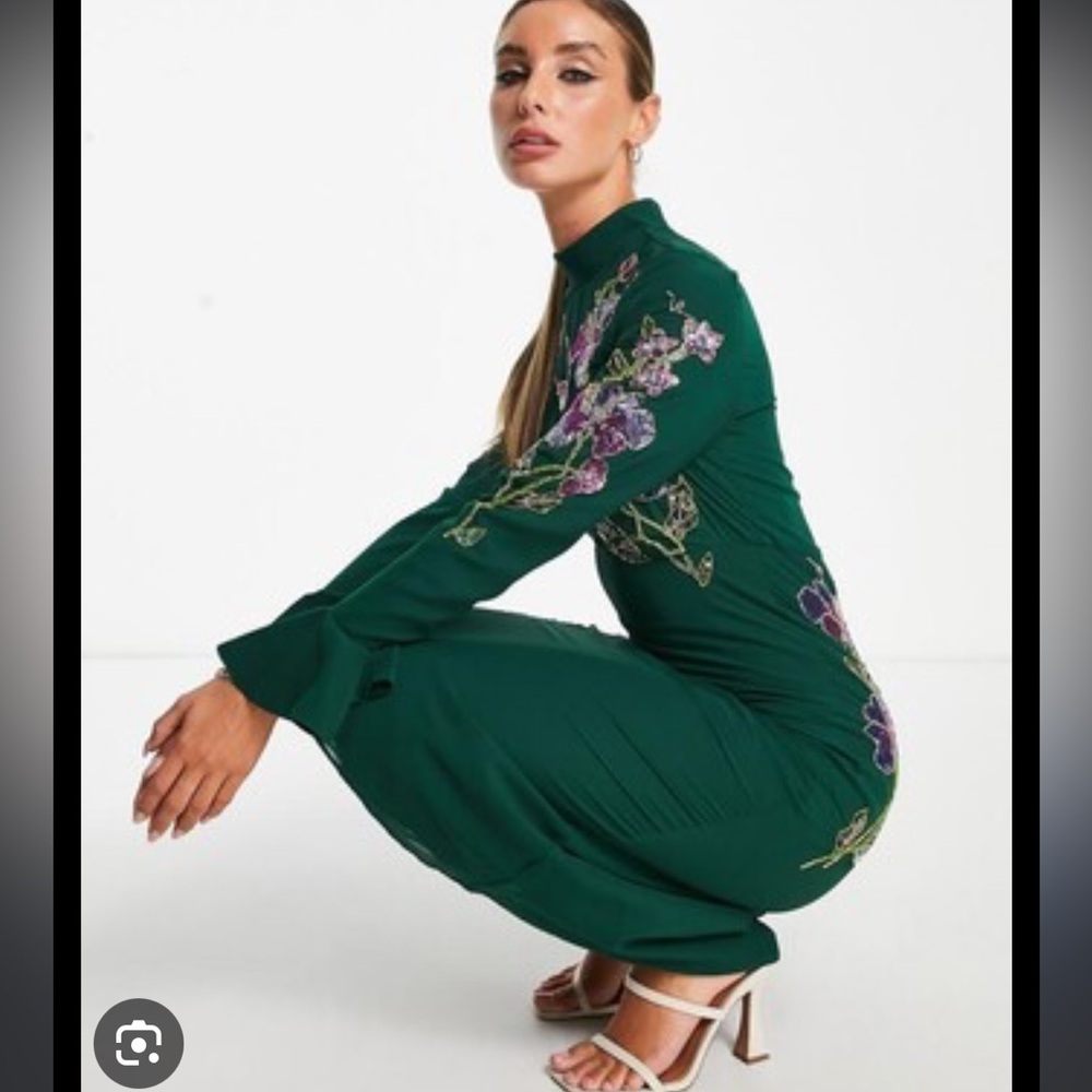 ASOS Green Midi Dress with Pink & Purple Floral Embroidery - Picture 4 of 15